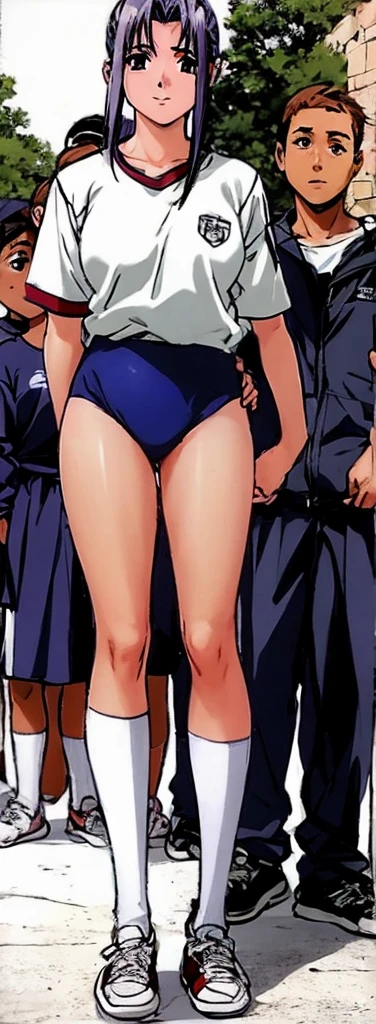 Momoko Koigakubo, a tall girl with beautiful legs, is standing with a smile on her face in a white gym uniform and light navy blue bloomers that look like panties.。Momoko Koigakubo is holding a boy in a tracksuit.。