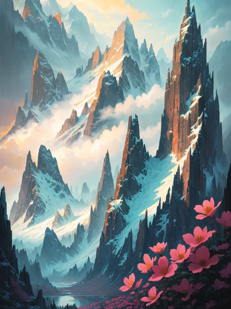 a painting of a mountain with flowers in the foreground, a matte painting by Alexander Kucharsky, trending on cgsociety, fantasy art, 🌺 cgsociety, stunning nature in background, a beautiful landscape, beatiful mountain background, beautiful landscape, beautiful nature, beautiful detailed scene, incredibly beautiful, beautiful mountains behind, beautiful mountains, beautiful scenery, amazing landscape