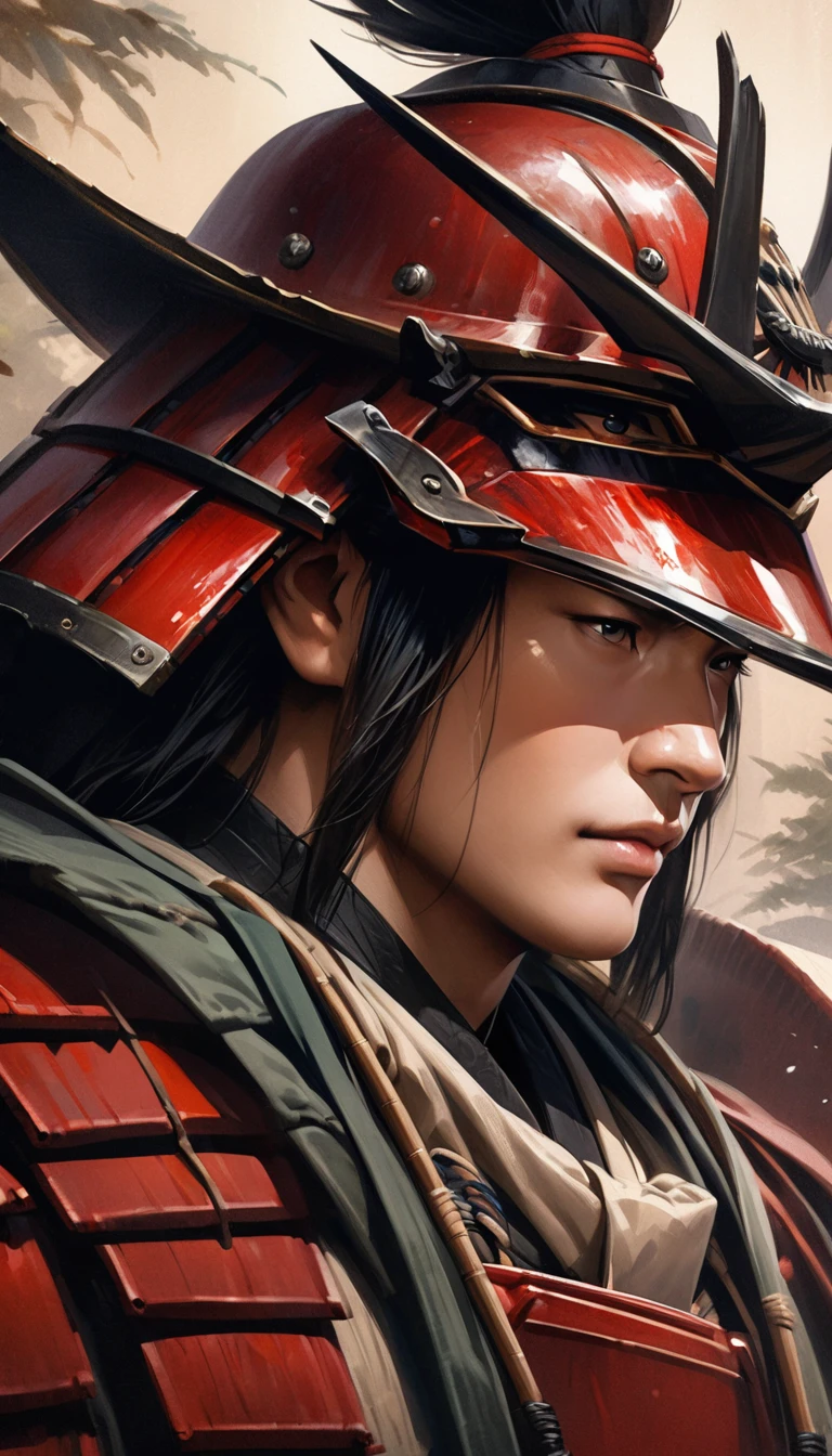 "Close-up of Date Masamune wearing his iconic samurai armor, realistic style, traditional Japanese art, neutral setting"