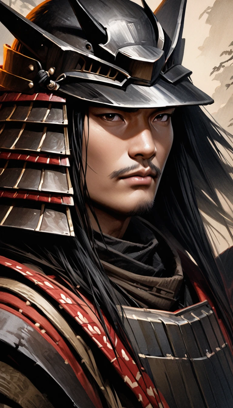 "Close-up of Date Masamune wearing his iconic samurai armor, realistic style, traditional Japanese art, neutral setting"