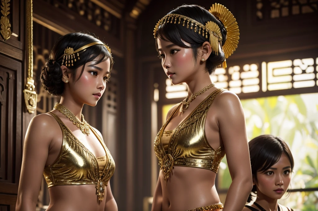 RAW, 35mm, Masterpiece, Ultra Realistic, 2 cinematic silhouettes of an Indonesian girl with short hair and a girl wearing a gold mini headband who is sweating while posing facing the camera wearing authentic, sexy revealing Indonesian traditional clothing, the top is slightly open and there is a brown and black shawl and the other is colorful, the place is in palace and there are many behind it students and aesthetic abtu stones. highly detailed