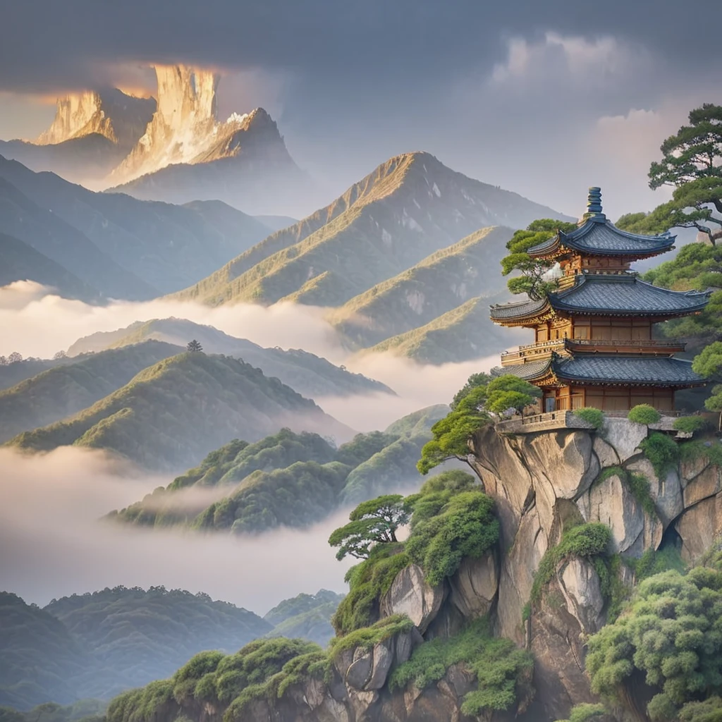Masterpiece,Ancient Japanese scene: Beautiful maiden Kushinada Hime stands between crying elderly couple. Looming behind, massive Yamata no Orochi serpent with eight heads and tails stretches across mountains and valleys. Susanoo faces the monster, hand on sword. Landscape: forests, mountains, dark storm clouds. Style: Japanese mythological art, blend of ukiyo-e and fantasy.