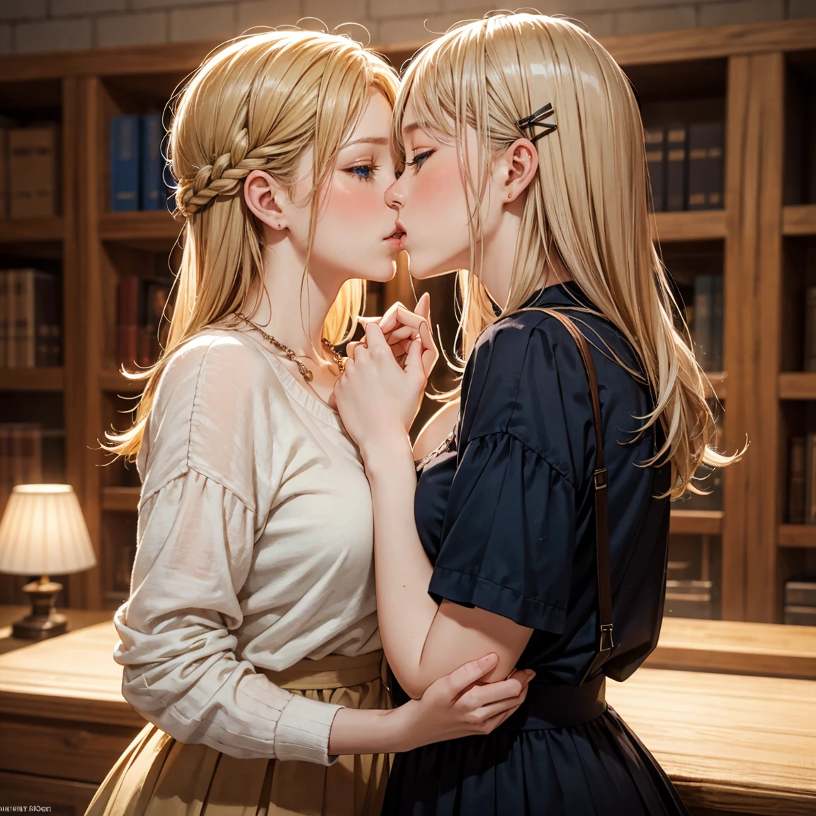 (masterpiece),(top-quality:1.2),(two girls is deeply in love with each other:1.3), (kiss:1.2), (masuter piece:1.3),exquisitedetails, Highest quality 8K resolution, Ultra-detailed, Realistic, Vibrant colors, Soft tones, With warm and gentle lighting, A woman standing in a room wearing a skirt and sweater, designed for cozy aesthetics, wide skirt, Styling, With short hair, simple style, Beige, 2 0, Dynamic!!, Cute:2, F / 2 0, Roots and hay coat, lookbook, Vivid), 9, jimin, ( Side ) profile (Smooth straight blonde hair:1.2),(Hair parted in the middle:1.3),(Glowing hair),(Dark blue eyes:1.3),(Hands close to the face:1.4),White skin, hair clips,Small necklace,A gentle feeling overflows,The sun's rays illuminate joy and pure love, Warm golden glow,The atmosphere is full of happiness and laughter, As if celebrating love,Ultra-detailed depiction and vivid colors,A style that combines romanticism and realism,depth of love,color palettes,Create an ethereal atmosphere like a dream,Lighting is soft and diffused,masterpiece artwork, hand101