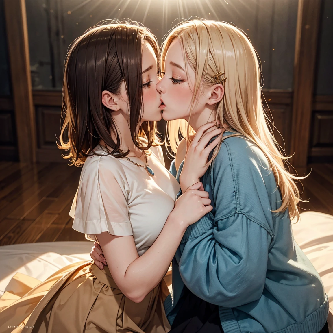 (​masterpiece),(top-quality:1.2),(two girls is deeply in love with each other:1.3), (kiss:1.2), (masuter piece:1.3),exquisitedetails, Highest quality 8K resolution, Ultra-detailed, Realistic, Vibrant colors, Soft tones, With warm and gentle lighting, A woman standing in a room wearing a skirt and sweater,  designed for cozy aesthetics, wide skirt, Styling, With short hair, simple style, Beige, 2 0, Dynamic!!, Cute:2, F / 2 0, Roots and hay coat, lookbook, Vivid), 9, jimin, ( Side ) profile  (Smooth straight blonde hair:1.2),(Hair parted in the middle:1.3),(Glowing hair),(Dark blue eyes:1.3),(Hands close to the face:1.4),White skin, hair clips,Small necklace,A gentle feeling overflows,The sun's rays illuminate joy and pure love, Warm golden glow,The atmosphere is full of happiness and laughter, As if celebrating love,Ultra-detailed depiction and vivid colors,A style that combines romanticism and realism,depth of love,color palettes,Create an ethereal atmosphere like a dream,Lighting is soft and diffused,masterpiece artwork, hand101