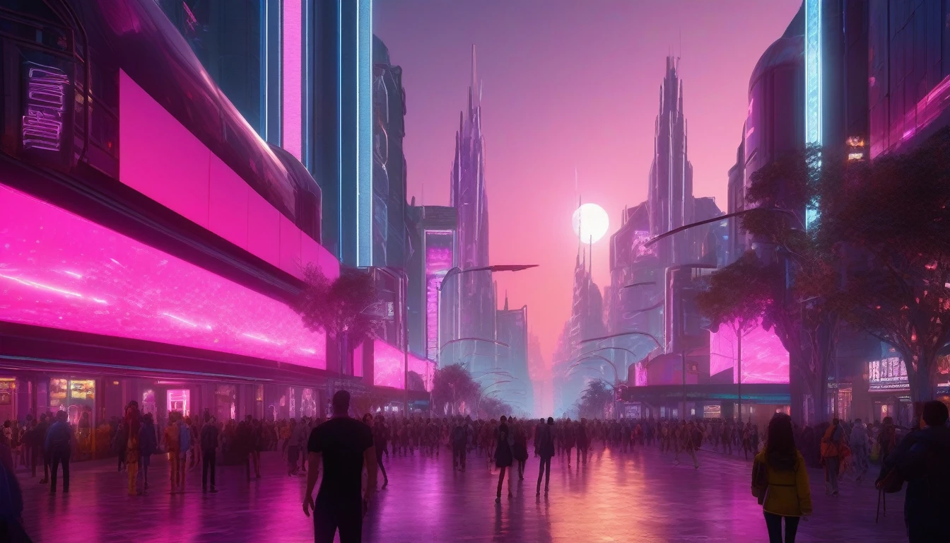 A breathtaking, hyper-realistic and cinematic and photorealistic image A wide avenue of a futuristic city with tall crystal towers and huge metal buildings filled with bright neon and animated city signage. The street is humid and reflective, creating a mirrored effect from the colored lights. Many pedestrians with cyber armor and futuristic technological costumes walk around. And the sky is pink with a giant moon! Cinema lighting, relaxed backlighting
with hyper-detailed, realistic style renderings. This 8K, 12K masterpiece showcases perfect, fashion, photo, dark fantasy, vibrant, cinematic, architecture