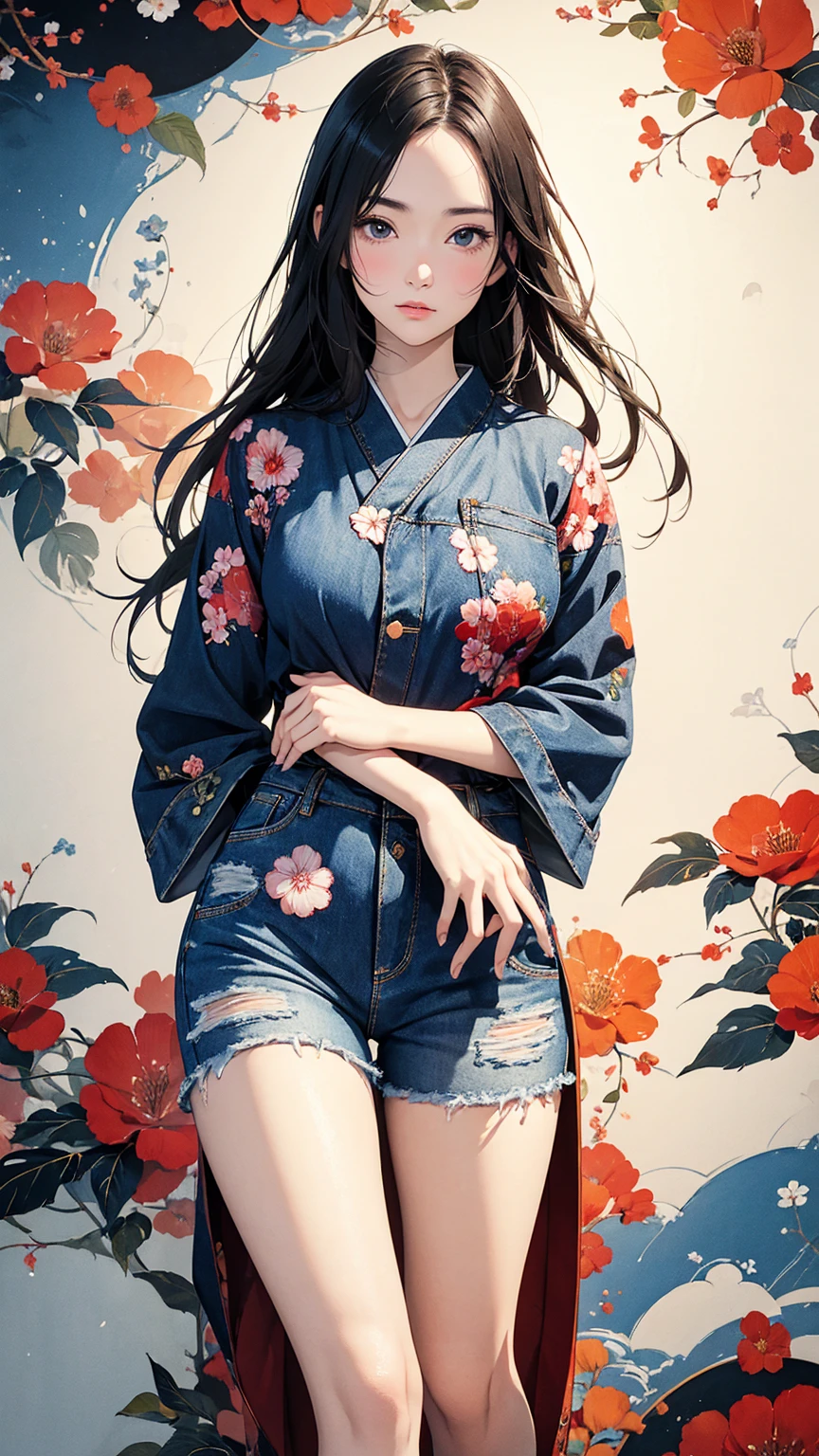 (masterpiece, High resolution, Highest quality), 20-year-old woman, Coordination of Japanese patterned haori and denim:1.2, Petal Collage, abstract design, artistic juxtapositions, And handle background, warm color, mixed-media approach, Anime Style, Simple lines, Digital Painting, 