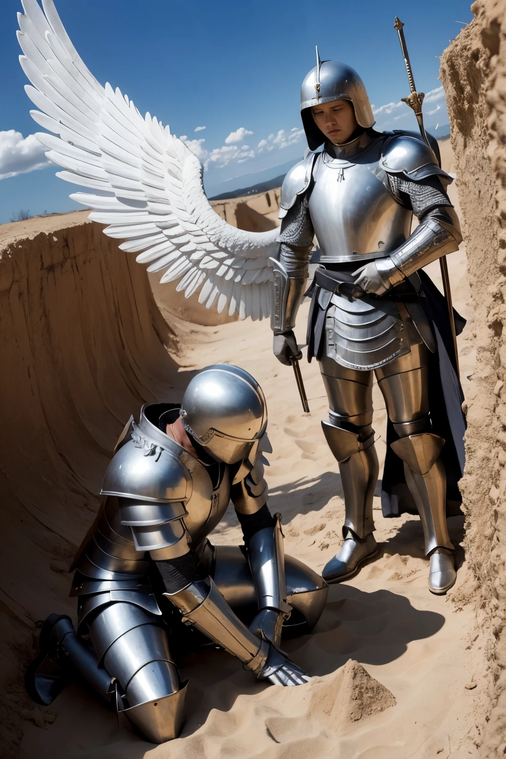Angel in armor and a person praying In the middle of a battle in a spiritual Trench with a focus on the spiritual world 