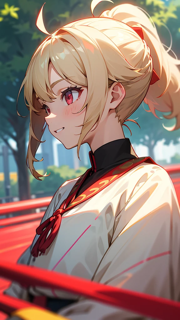 1girl、blonde、ponytail、Round red eyes、Ahoge、Blouse shirt with ethnic patterns and primary colors、Grin、profile、Upper body close-up、Morning Park、Background Blur, Written boundary depth
