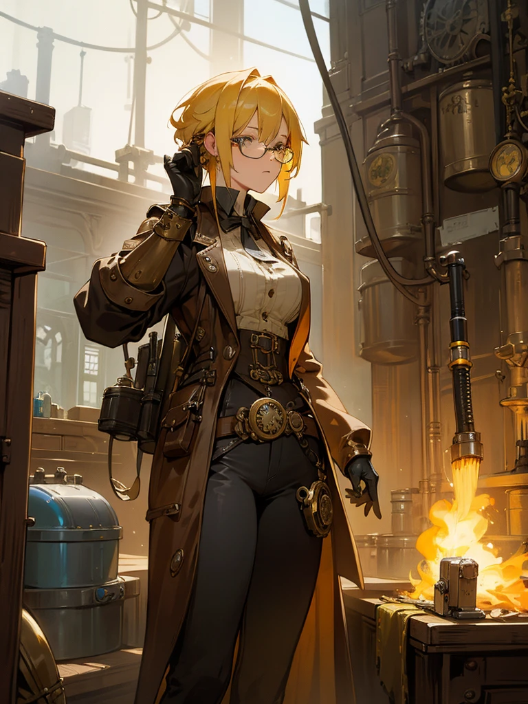 masterpiece, optimal quality, 8k, yellow hair woman, steampunk armor, mechanic glasses, holding a steampunk pistol, in a steampunk workshop.