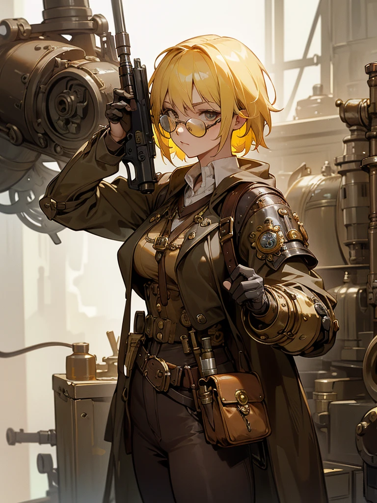 masterpiece, optimal quality, 8k, yellow hair woman, steampunk armor, mechanic glasses, holding a steampunk pistol, in a steampunk workshop.