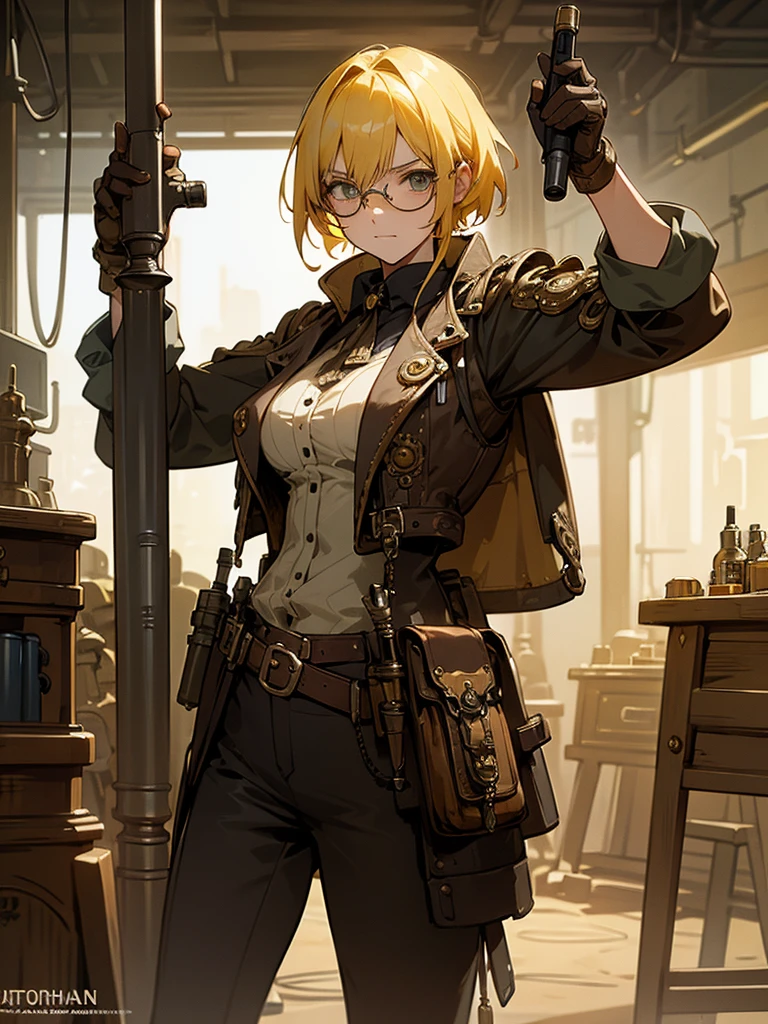 ​masterpiece, optimal quality, 8k, yellow hair woman, steampunk armor, mechanic glasses, holding a steampunk pistol, in a steampunk workshop.