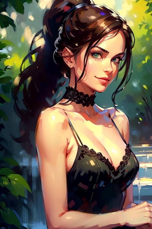 (realistic illustration:1.3).A very beautiful Russian woman. 31yo, brunette, green eyes, short, perfect figure, small breasts,(smile), Black dress, high heels, ponytail. Masterpiece, (highly detailed:1.2),(detailed face and eyes:1.2), 8k wallpaper, natural lighting. core shadows, high contrast, bokeh.(rule of thirds),
