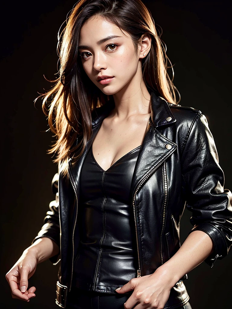 Black background、Tabletop、Highest quality、Realistic、Very detailed、Attention to detail、High resolution、8k wallpaper、One beautiful woman、light brown disheveled hair、Short black leather jacket、Holding a pistol in hand、Sharp focus、Perfect dynamic composition、Beautifully detailed red eye、Detailed Hair、Detailed and realistic skin texture、smile、model&#39;Body Type、、Punching style