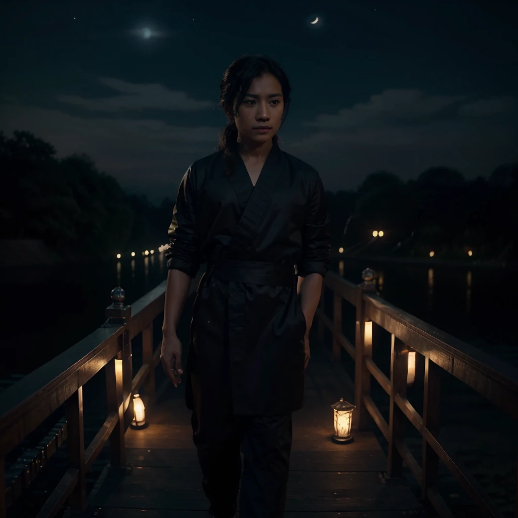 a person standing on a bridge in the dark, tithi luadthong, movie promo, trailer, new song, movie trailer, patiphan sottiwilaiphong, screenshot from a movie, highlight scene of the movie, fanart, ✨🕌🌙, style of arcane tv series, night photo, nighttime, teaser trailer footage