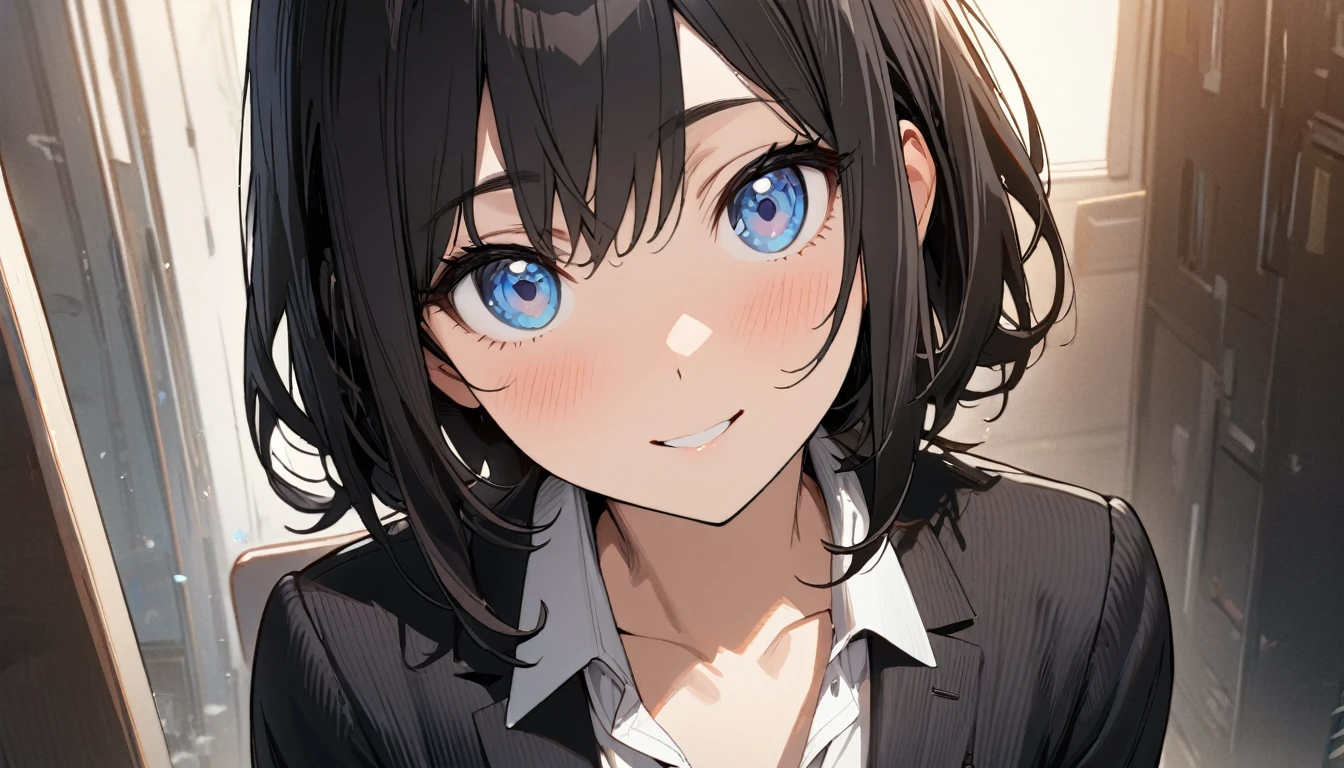 1girl, solo, gentle smile on her face flat chest, long hair, blue eyes, (detailed eyes), black hair, upper body, ((masterpiece, illustration, best quality)) ((best quality)), ((masterpiece)), (detailed), perfect face, Office lady, black hair, short hair, office suit, ultra high resolution, ultra high details, she is pretty far away from our view