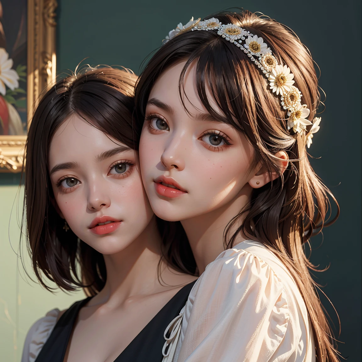 Réaliste, 1fille, cheveux blancs, yeux violets, yeux brillants, haut court, jupe, lèvres entrouvertes, rougir, nuit, fleurs, soleil, soleillight,
