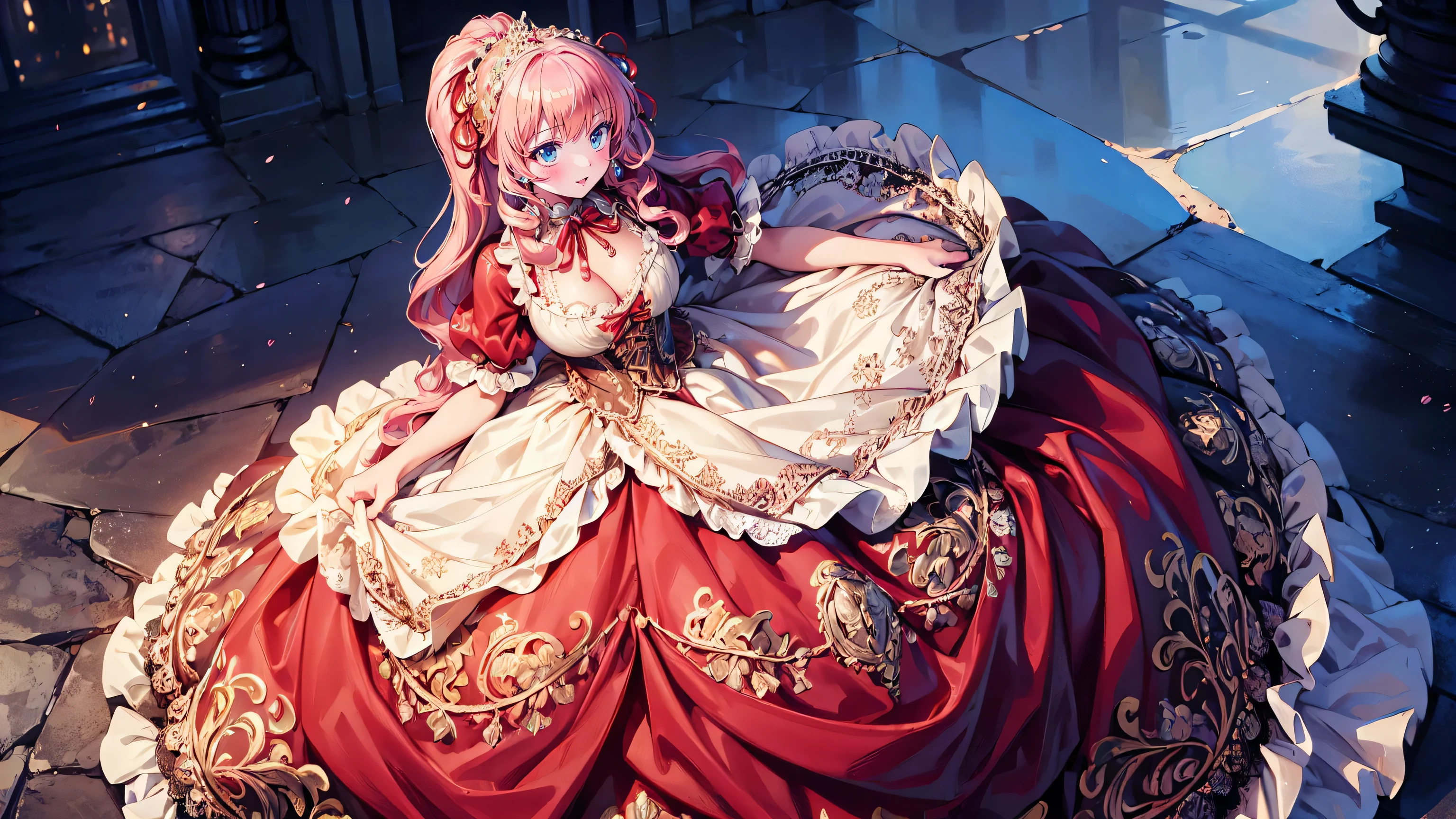 ((Superbly detailed drawing, ultra detailed, exquisite quality, absolutely resolution)), (((young face solo princess))), (((Unsurpassed gorgeous rococo victorian gown with voluminous huge hoopskirt and long hems, princess style skirt:1.5))), ((transparency gown, fluffy and full of pleats skirt:1.3)), (Super detailed and intricate exquisite design gown:1.5), ((overwhelming amount many ruffles with ribbons with intricate lace with Super detailed and intricate embroidery gown:1.9)), ((huge breasts, breasts cleavage)), (ponytail, fluffy long Expressive, hair pink hair), super voluminous long hair, hair ornament tiara, happy smile, (((curtsey:2))), (blurry background, depth of field:1.5), super detailed skin, super delicate and beautiful face, (eyes blue eyes), (backlighting, particle effect, caustics), (((sharp focus))), ((fog city, fantasy castle,  night sky)), (fisheye lens:1.1), (magnificent panorama view, dynamic angle:1.3), ((full body)), (looking viewer, looking up, from above, from front:1.5), 