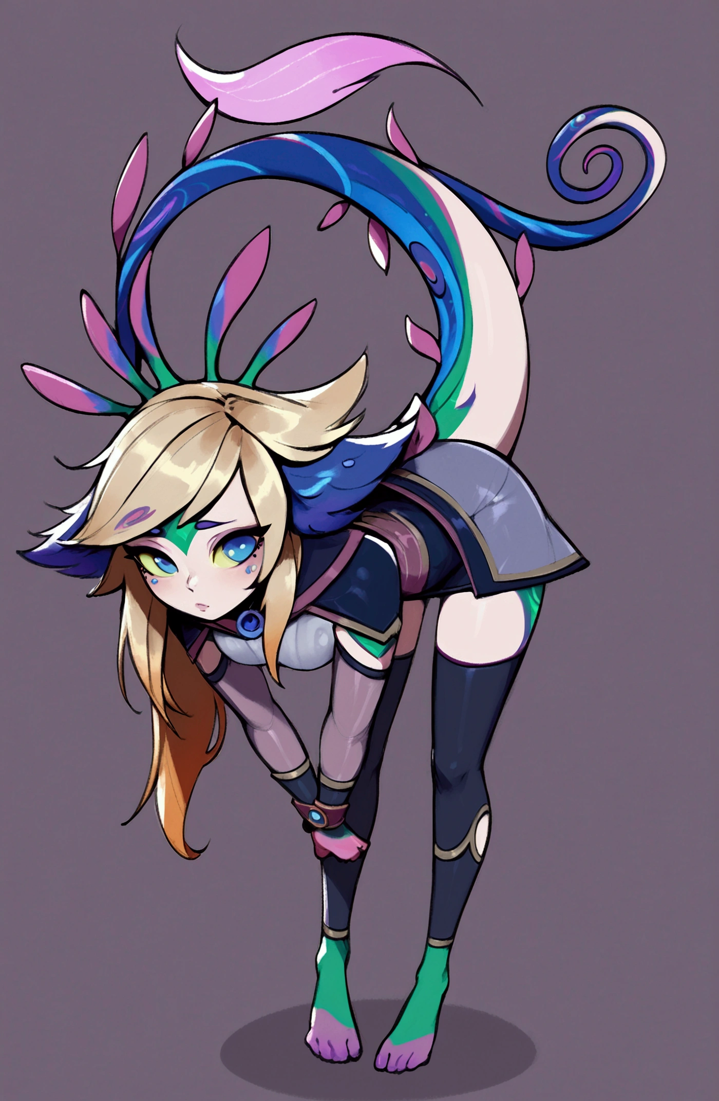 Neeko, score_9, score_8_up, score_7_up, score_6_up, score_5_up, score_4_up, BREAK 1girl, blonde hair, loose hair, swept bangs, blue eyes, long eyelashes, confused expression, bent over, blunt bangs, short, BREAK solo, small breasts, skinny, arched back, thigh gap, princess outfit, BREAK (snowy background:1.2), simple background, innocent, lovely, adorable,
