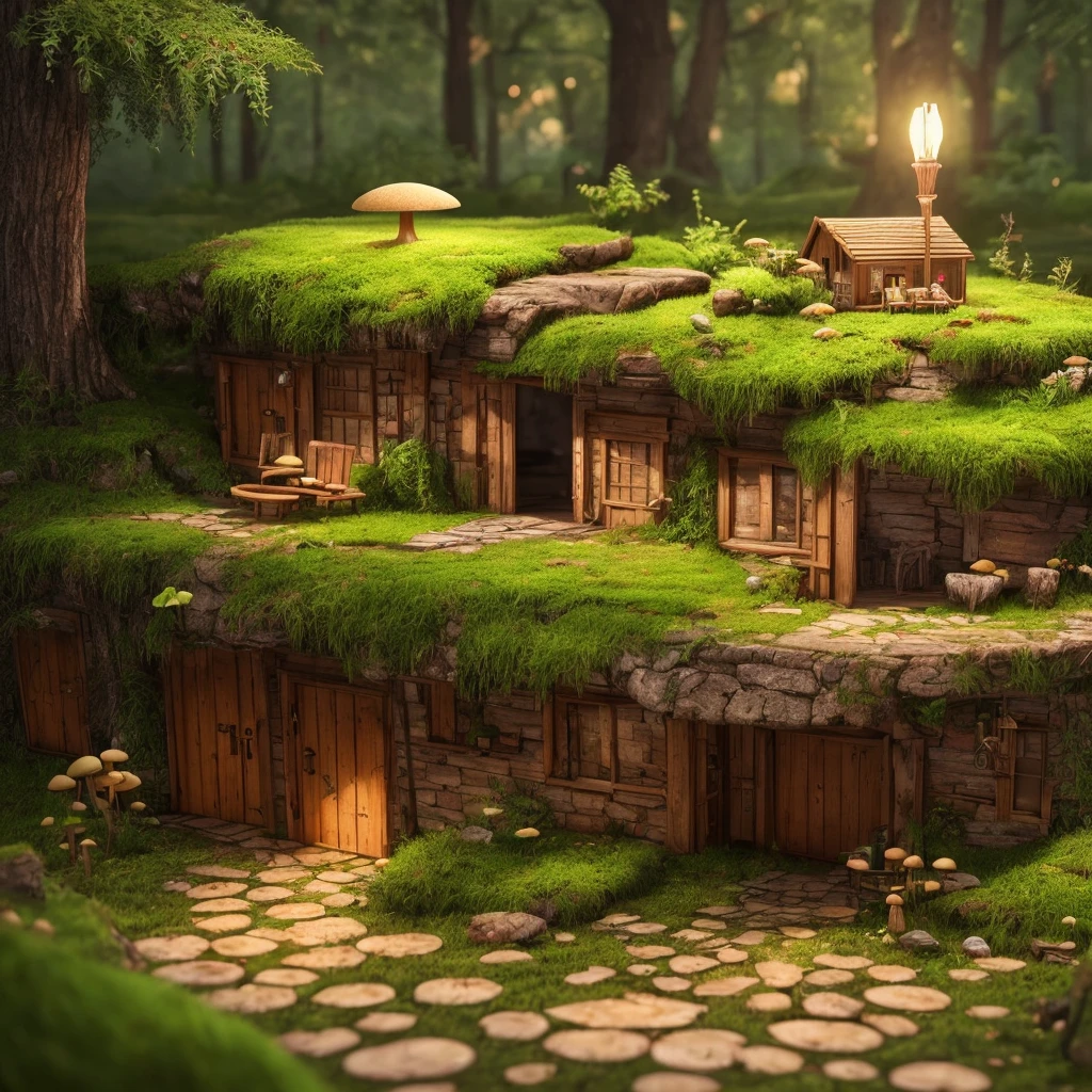 masterpiece, best quality, (extremely detailed CG unity 8k wallpaper), (best quality), (best illustration), (best shadow), A mushroom house covered with moss,firefly,wtarlight surrounds the room,petal, isometric 3D, octane render,ray tracing,ultra detailed,