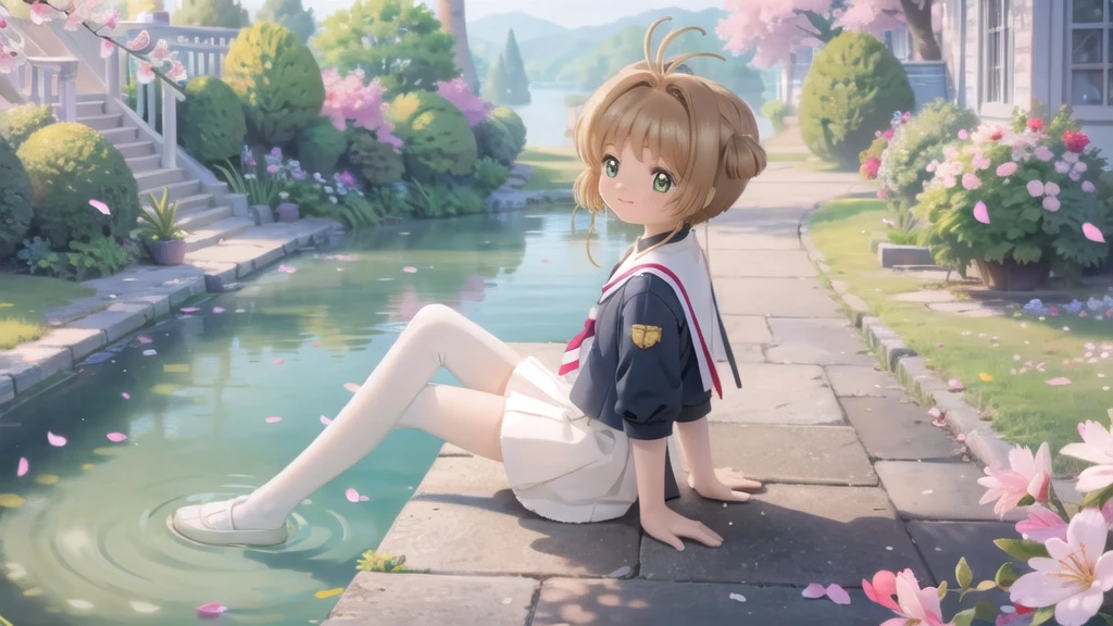 (masterpiece),  Outdoor,  cherry blossoms,  petal,  sunlight,  lake,  One Girl,  blush,  smile,  Medium Hair,  Sailor suit,Long skirt, Overgrown, petal, plant、Skirt lining、White slip、nostalgic、pantyhose（gray）、You can see the sea in the distance, Crotch close-up