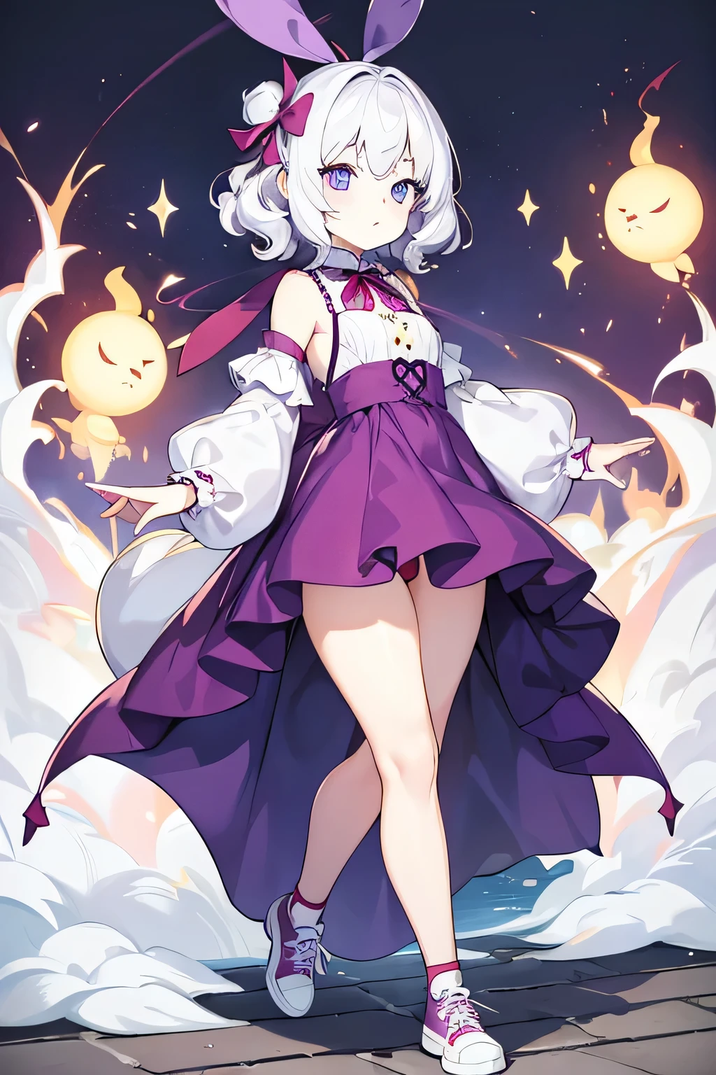 1 girl, pale skin, one eye blue and the other red, short stature, big chest, big butt, thick legs, small waist, short curly shoulder length white hair, wearing a cute Purple dress, with sneakers of the same color, and a ribbon in the hair of the same color