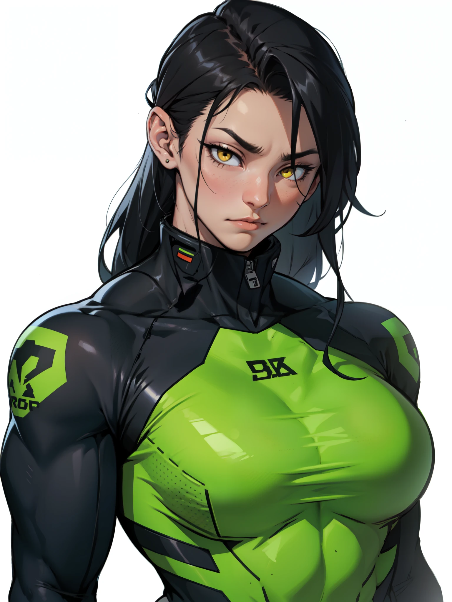 perfect anatomy muscular girl big breasts empty eyes embarrassed black hair yellow eyes pale skin perfect anatomy