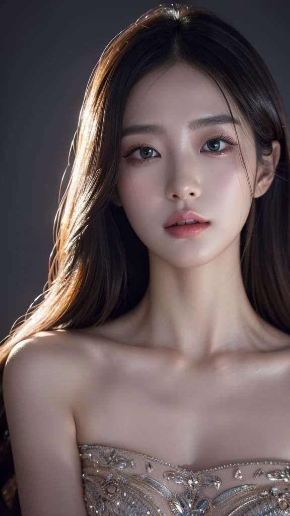 a intricate detailed portrait of Woonyoung from IVE, 1girl, beautiful detailed eyes, beautiful detailed lips, extremely detailed face, longeyelashes, glamorous elegant pose, high fashion, luxury jewelry, soft dramatic lighting, cinematic camera angle, dark moody color palette, high contrast, photorealistic, (best quality,4k,8k,highres,masterpiece:1.2),ultra-detailed,(realistic,photorealistic,photo-realistic:1.37)