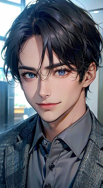(Highest quality,4K,8K,High resolution,masterpiece:1.2),Super detailed,(Realistic,photoRealistic,photo-Realistic:1.37),1 person,31 years old,Mature Men,very handsome,Expressionless,smile,Short gray-black hair,blue eyes,Sharp Eyes,A perfect face without a doubt,Intimidating posture,Businessman,Office Background,Cinema Lighting,HDR image