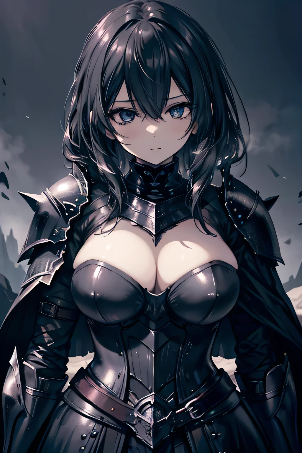 a black knight, a young girl, a female knight, large breasts, black, corruption, looking at the viewer, detailed facial features, detailed clothing, dramatic lighting, cinematic composition, fantasy art, digital painting, hyper detailed, 8k, highly detailed, masterpiece, photorealistic