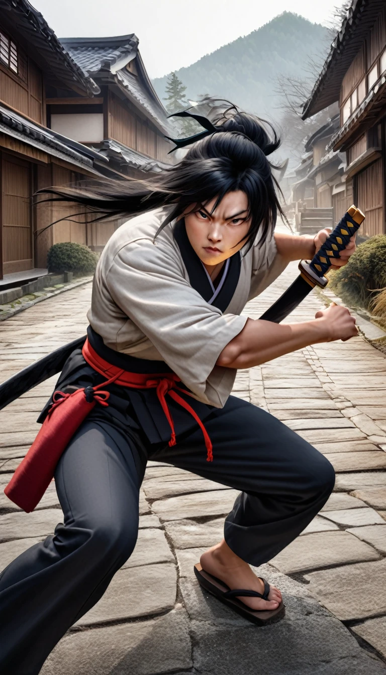 "Young Date Masamune in dynamic pose, wielding a katana aggressively, traditional Japanese village in background, realistic style"