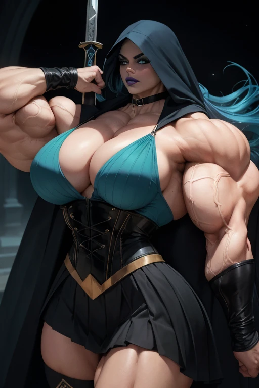 ((Close-up)), tall, (cyan blue hair) beautiful muscular woman, long beachy hair, pale white skinned, closed smile, big breast, (black lipstick), ((massive muscles)), (hyper muscle), ((ginormous bulky muscles)), glowing purple eyes, ((black hooded coat with a long pleated skirt)), (black corset), (long pleated skirt), (carrying a giant mist sword), choker, thigh high boots, (Dark and moody universe:1.3)