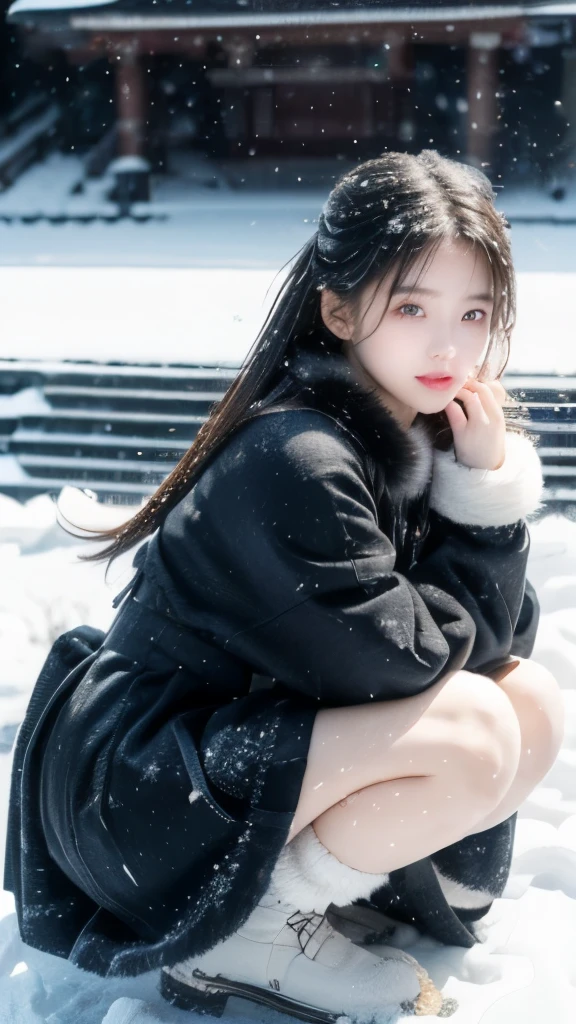 (8K, best quality, master, Ultra-high resolution:1.2) Beautiful photo of a  girl in Japan，Smile， (melancholy winter snow:1.4)，(Beautiful vivid Lolita dress)，Strong wind，(Looking at the audience)，Squatting and sitting，Long hair，fur cape