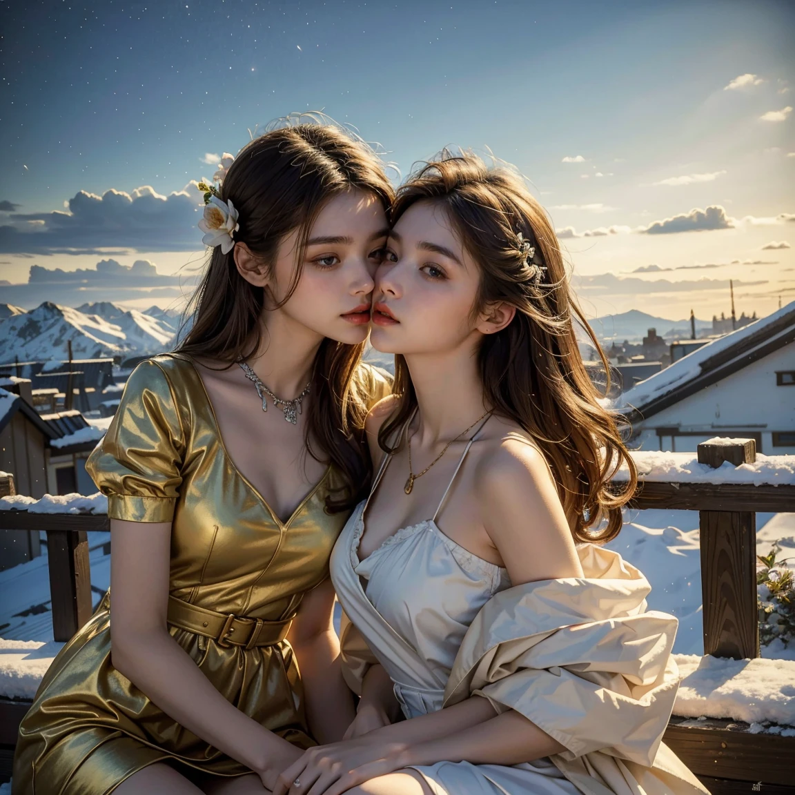 young woman, Olhar Telescope, (masterpiece), (HighestQuali), two girls is deeply in love with each other, kiss, Paint oil, Realistic oil painting, bust, clear details, high realism, clothing style of the era, (perfect anatomy), jewelry, flower, aurora, snow, magnificent panorama view