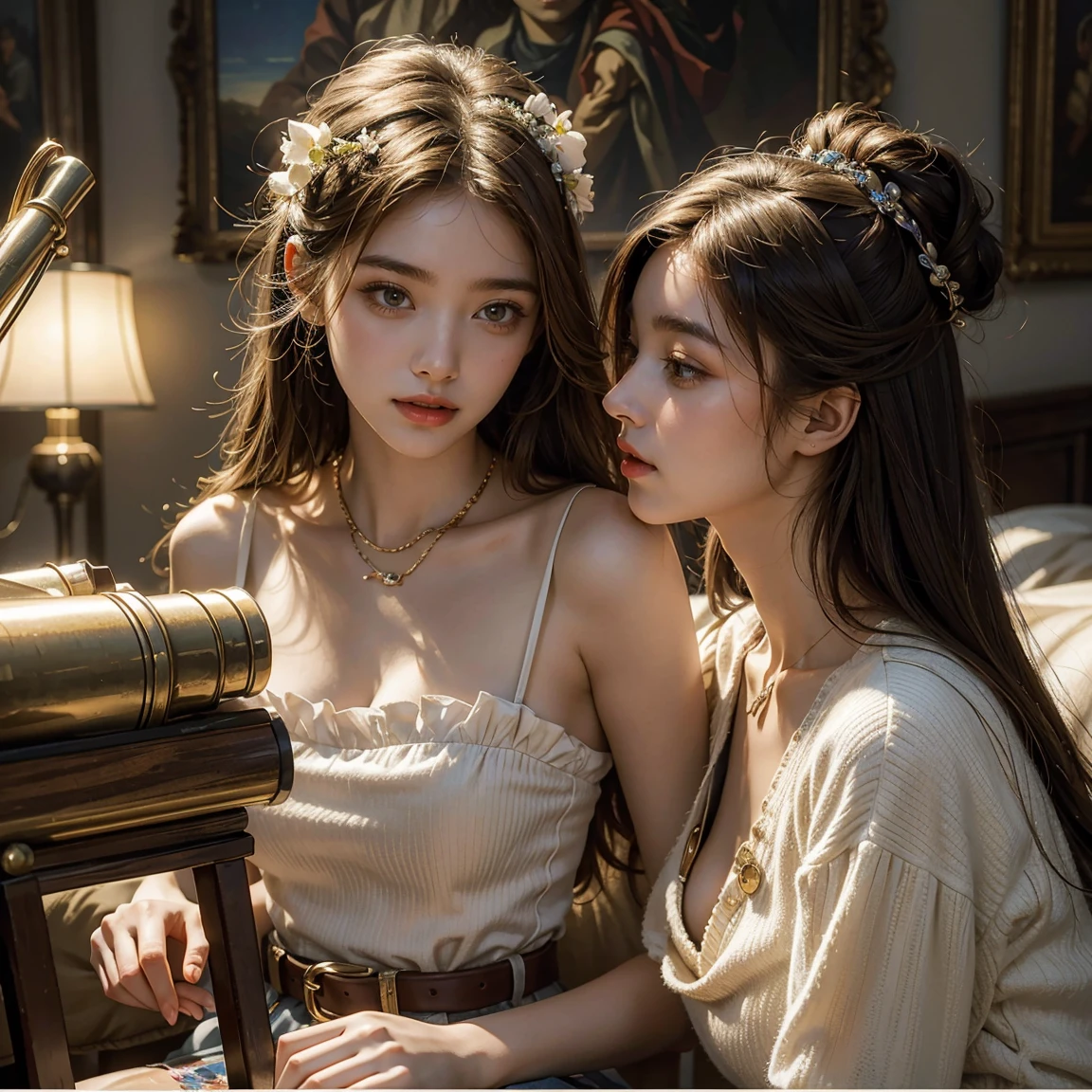 young woman, Olhar Telescope, (masterpiece), (HighestQuali), two girls is deeply in love with each other, kiss, Paint oil, Realistic oil painting, bust, clear details, high realism, clothing style of the era, (perfect anatomy), jewelry, flower, aurora, snow, magnificent panorama view