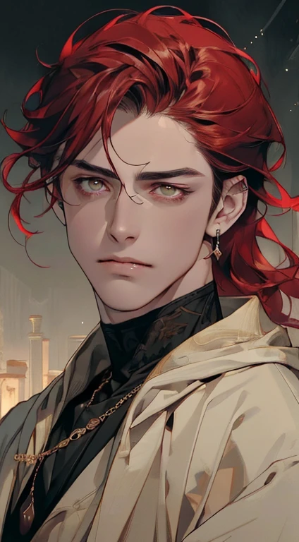 (((8K, RAW photogr, Best quality at best, tmasterpiece: 1.4))), ultra high resolution, ultra - detailed, lamplight, Close-up cleavage, Handsome men, gold eyes, (detailed eyes, The eyes are bright:1.2), Medium long red hair, pale-skinned, ear piercings, Dark, Blackn clothes, Meticulous clothes, gold accessories on clothes, Sharp fangs, (perfect anatomia:1.2), Highqualityshadow,  natural  lightting, (White highlights:1.2), natta, overcast day, (Hand:1.2), (starrysky:1.2)