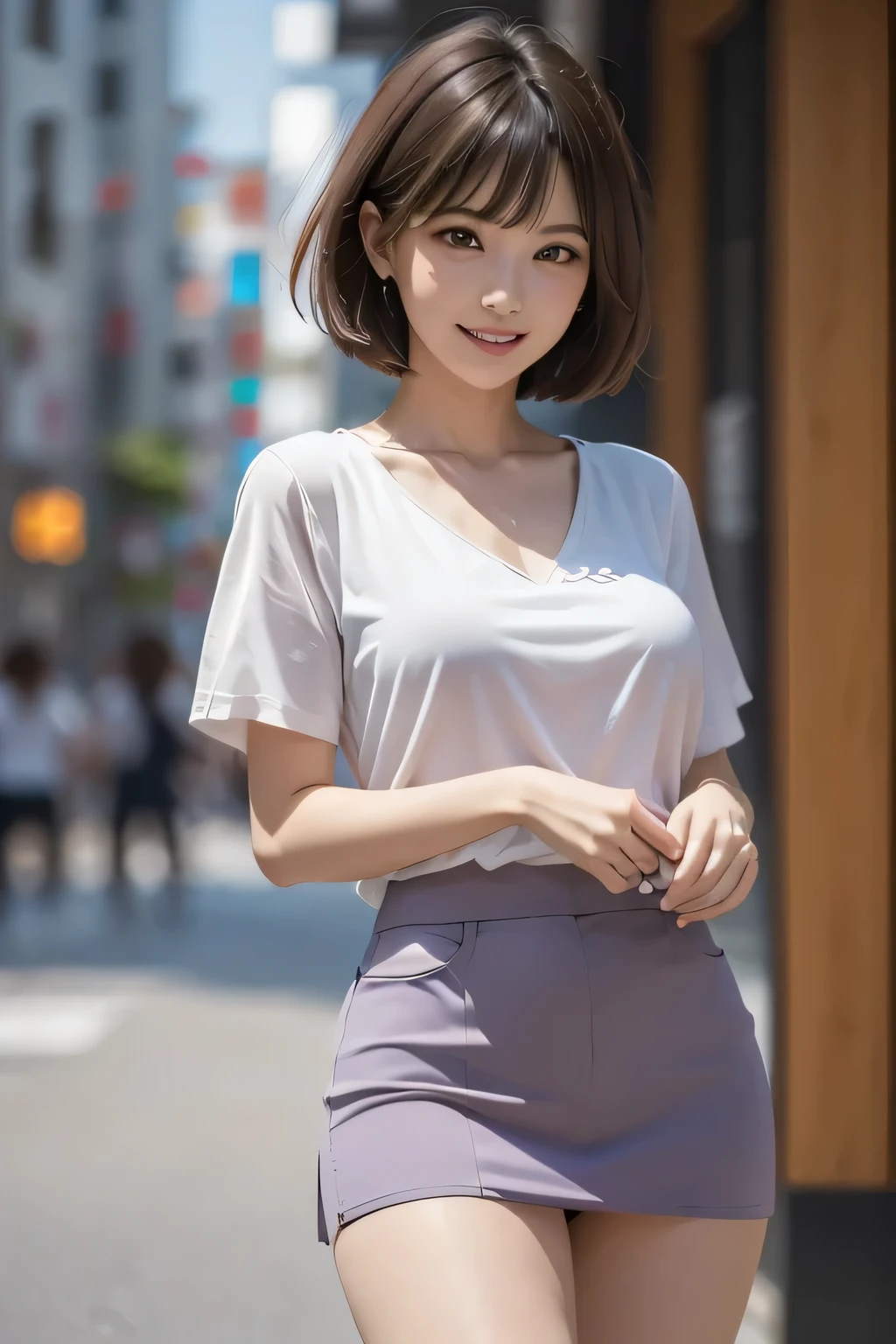 Soft Light, (((short hair:1.3), Short bangs, Floating Hair NovaFrogStyle)), ((The ultimate beautiful Japanese wife)), 50 generations, Detailed eyes, (Big eyes:1.3), Detailed lips, Highly detailed eyes and face, Beautifully detailed nose, Beautiful attention to detail, Long eyelashes, Light on the face, (Lips apart:1.2), (Beautiful white teeth:1.3), Mature Face, ((Big ample breasts)), Realistic face, Realistic body, Beautiful and exquisite thighs, (Light purple blouse:1.4)、(red tight micro miniskirt:1.4)、Thighs Thighs Thighs Thighs、(Cowboy Shot:1.3), ((Depth of written boundary))、background：((Ginza City, Tokyo))、(RAW Photos, Highest quality), (Realistic, Photorealistic:1.3), Tabletop, Very delicate and beautiful, Very detailed, Hmph, Unity , 2k wallpaper, wonderful, Fine details, Light Smile, Highly detailed ticker Unity 8k wallpaper, Huge file sizes, Very detailed, High resolution, absurdes,