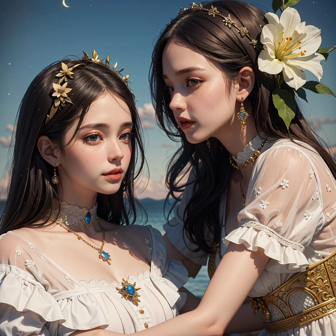 young woman, Olhar Telescope, (masterpiece), (HighestQuali), two girls is deeply in love with each other, kiss, Paint oil, Realistic oil painting, bust, clear details, high realism, clothing style of the era, (perfect anatomy), jewelry, flower, aurora, snow, magnificent panorama view
