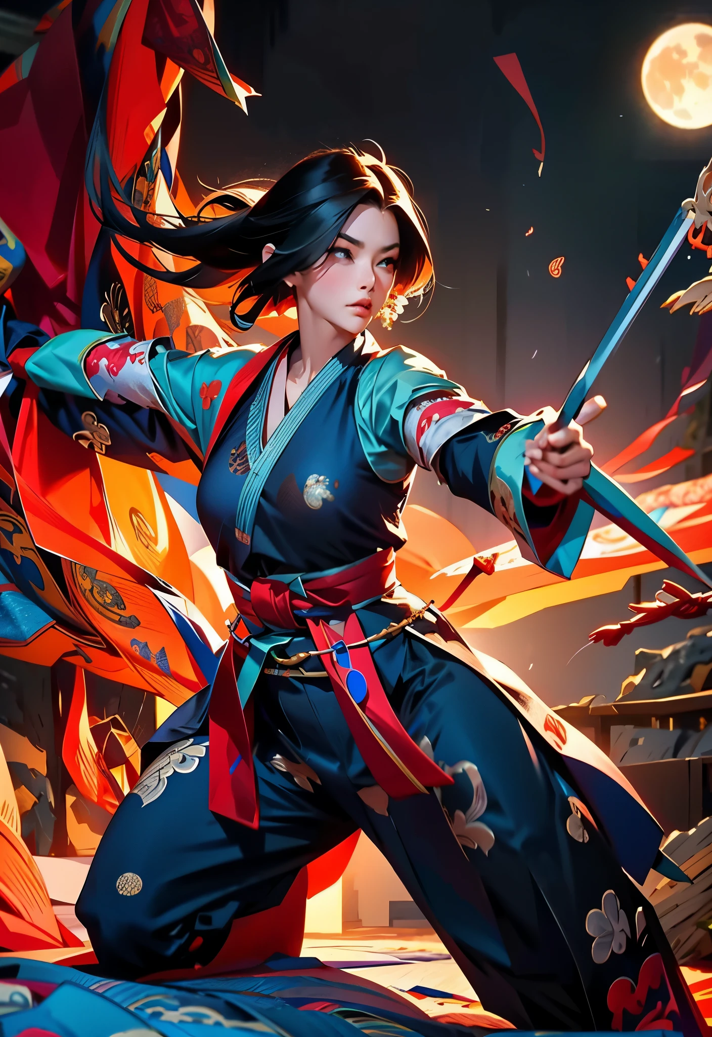 High quality 4K artwork ,Ultra Sexy Woman ,Flaming skull-faced samurai with blue flames,kimono branco