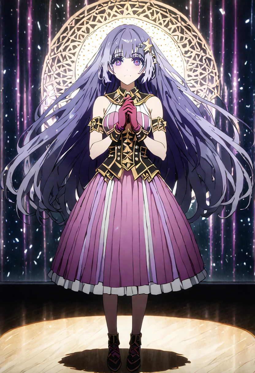 great quality ++ Extremely detailed high resolutionolution, very aesthetic, expressive eyes, (((perfect face))), (((face symmetrical))), ((good anatomy)), (((perfect hands))), (((8k))), UHD, HD wallpaper, (((detailed high cal, (((((1girl)))))), only, masterpiece, La Best Quality, high resolution, Highly detailed, (illustration), beautiful detailed eyes, (((combatant))), ((((full body)))), (((((Miku Izayoi))))), ((((((((purple hair)))))))), ((((((((purple eyes)))))))), (((rvcm_duotone3_haiRstyle))), (((agglutination))), Combination, (((mature female))), (((bangs))), (((blunt bangs))), (((hime cut))), (((hair ornament))), (((Idol))), (((background Concert))), (((background dome))), (((dancing))), (((Singing))), (((((((star-shaped pupils))))))), ((((purpler hair)))), (((purple eyes))), (((pink dress))), (((Sleeveless Dress))), (((pink gloves))), (((pink thighhighs))), (((belt))), (((narrow shoulders))), (((narrow waist))), (((They are smiling))), Long hair, huge, garden of a castle, (((mature female))), masterpiece, Best Quality, ((masterpiece)), ((best calidra derailed)), Upper part of the body, (((face to face look))),