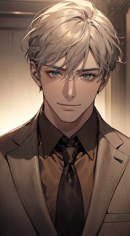 ((a mature man, very handsome, smile in love, short grey golden hair, green eyes, perfect face without errors)), ((buttoning the jacket, CEO)), (best quality, masterpiece, 8K, photorealistic, cinematic lighting, hdr image, ultra detailed, beautiful image), (portrait, detailed facial features, intricate textures, realistic skin tones, highly detailed, ultra-realistic), (warm lighting, soft shadows, dramatic lighting), (muted color palette, rich tones), (professional photography, high resolution, studio lighting)