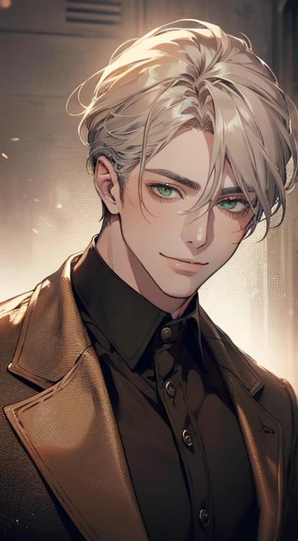 ((a mature man, very handsome, smile in love, short grey golden hair, green eyes, perfect face without errors)), ((buttoning the jacket, CEO)), (best quality, masterpiece, 8K, photorealistic, cinematic lighting, hdr image, ultra detailed, beautiful image), (portrait, detailed facial features, intricate textures, realistic skin tones, highly detailed, ultra-realistic), (warm lighting, soft shadows, dramatic lighting), (muted color palette, rich tones), (professional photography, high resolution, studio lighting)