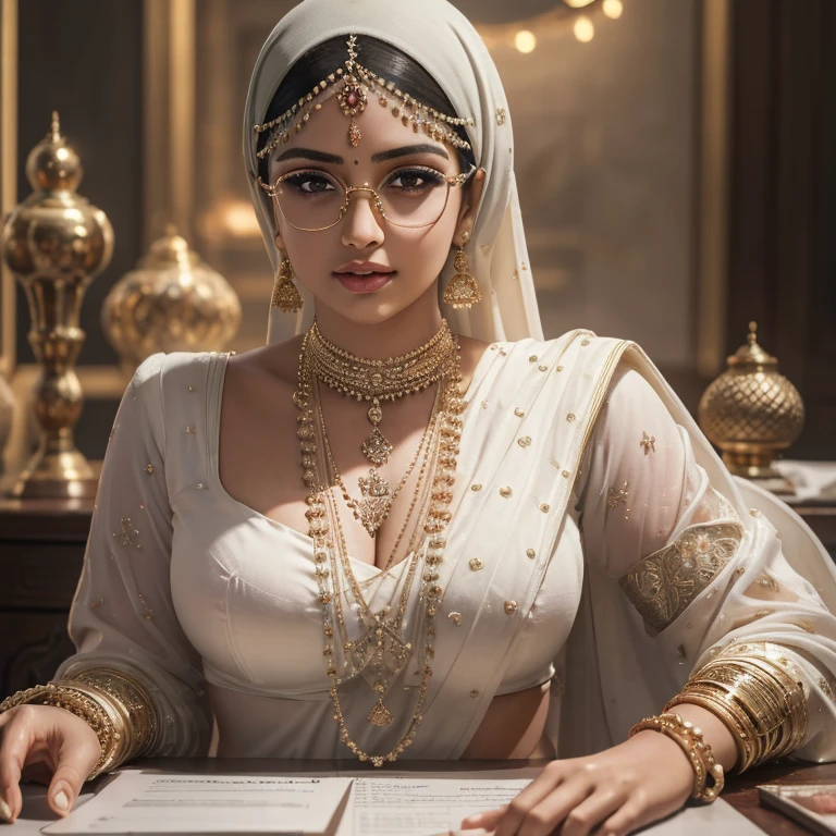 a beautiful detailed 18 year old hijabi girl, white skin, voluptuous breasts, glasses, white indian saree, golden bangles bracelets necklaces, swiss golden watch, lying on the table, classes, teaching, whiteboard, horny expression, photorealistic, hyper detailed, dramatic lighting, vibrant colors, cinematic composition, intricate details, (best quality,4k,8k,highres,masterpiece:1.2),ultra-detailed,(realistic,photorealistic,photo-realistic:1.37),HDR,UHD,studio lighting,ultra-fine painting,sharp focus,physically-based rendering,extreme detail description,professional,vivid colors,bokeh