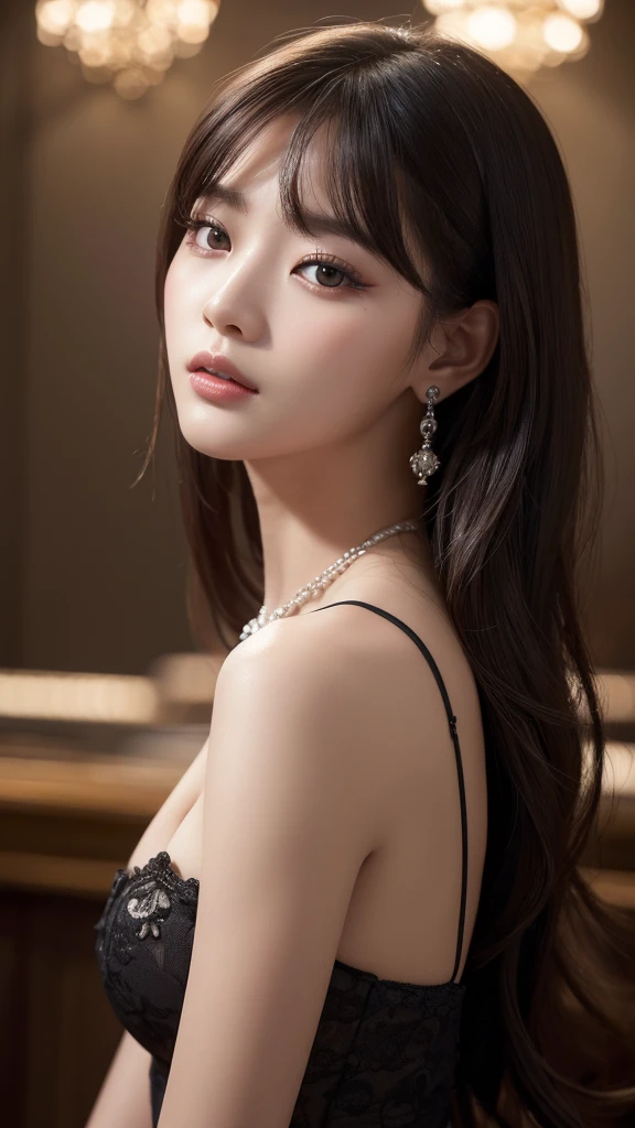 masterpiece,best quality,other, 1 Girl, Solitary, whole body，Looking at the audience, blush, open mouth, partedbangs, Hair accessories, Side lock, Ponytail, Elbow gloves, Off-shoulder dress, Halo, **Shoulder, Necklace, necklace, earrings, Alternative clothing, （Huge breasts:1.55），（Exposing breasts:1.5）