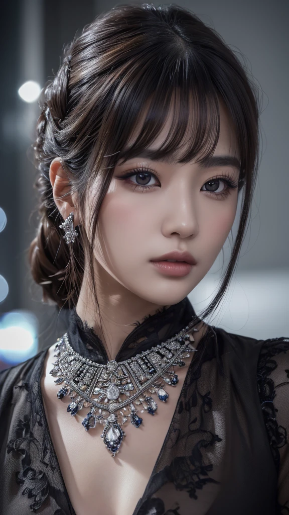 a intricate detailed portrait of Woonyoung from IVE, 1girl, beautiful detailed eyes, beautiful detailed lips, extremely detailed face, longeyelashes, glamorous elegant pose, high fashion, luxury jewelry, soft dramatic lighting, cinematic camera angle, dark moody color palette, high contrast, photorealistic, (best quality,4k,8k,highres,masterpiece:1.2),ultra-detailed,(realistic,photorealistic,photo-realistic:1.37)