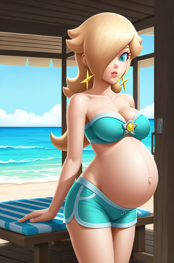 score_9, score_8_up, 1girl, solo, rosalina, style parody, thick outlines, blue bikini, shorts, pregnant belly, sleeveless, strapless, cleavage, indoors, beach, 