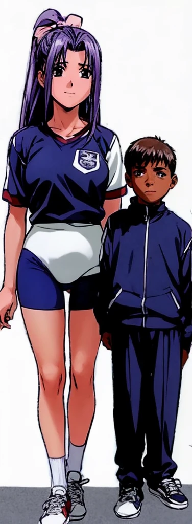Momoko Koigakubo, a tall girl with beautiful legs, is standing with a smile on her face in a white gym uniform and light navy blue bloomers that look like panties.。Momoko Koigakubo is holding a boy in a tracksuit.。