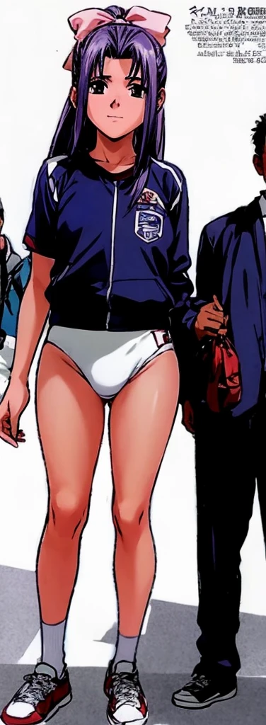 Momoko Koigakubo, a tall girl with beautiful legs, is standing with a smile on her face in a white gym uniform and light navy blue bloomers that look like panties.。Momoko Koigakubo is holding a boy in a tracksuit.。