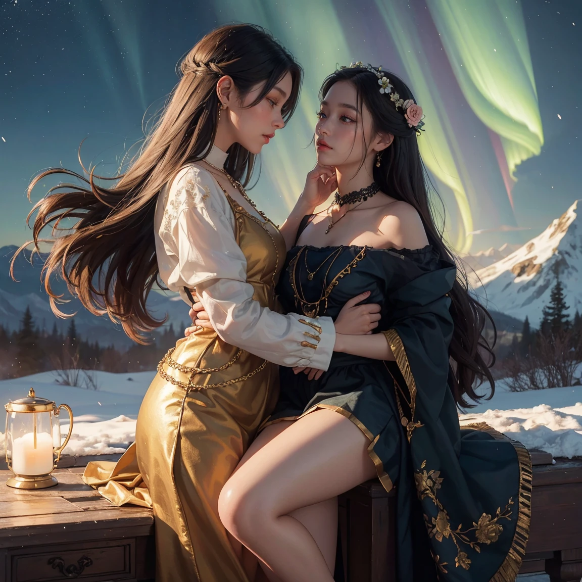 young woman, Olhar Telescope, (masterpiece), (HighestQuali), two girls is deeply in love with each other, kiss, Paint oil, Realistic oil painting, bust, clear details, high realism, clothing style of the era, (perfect anatomy), jewelry, flower, aurora, snow, magnificent panorama view