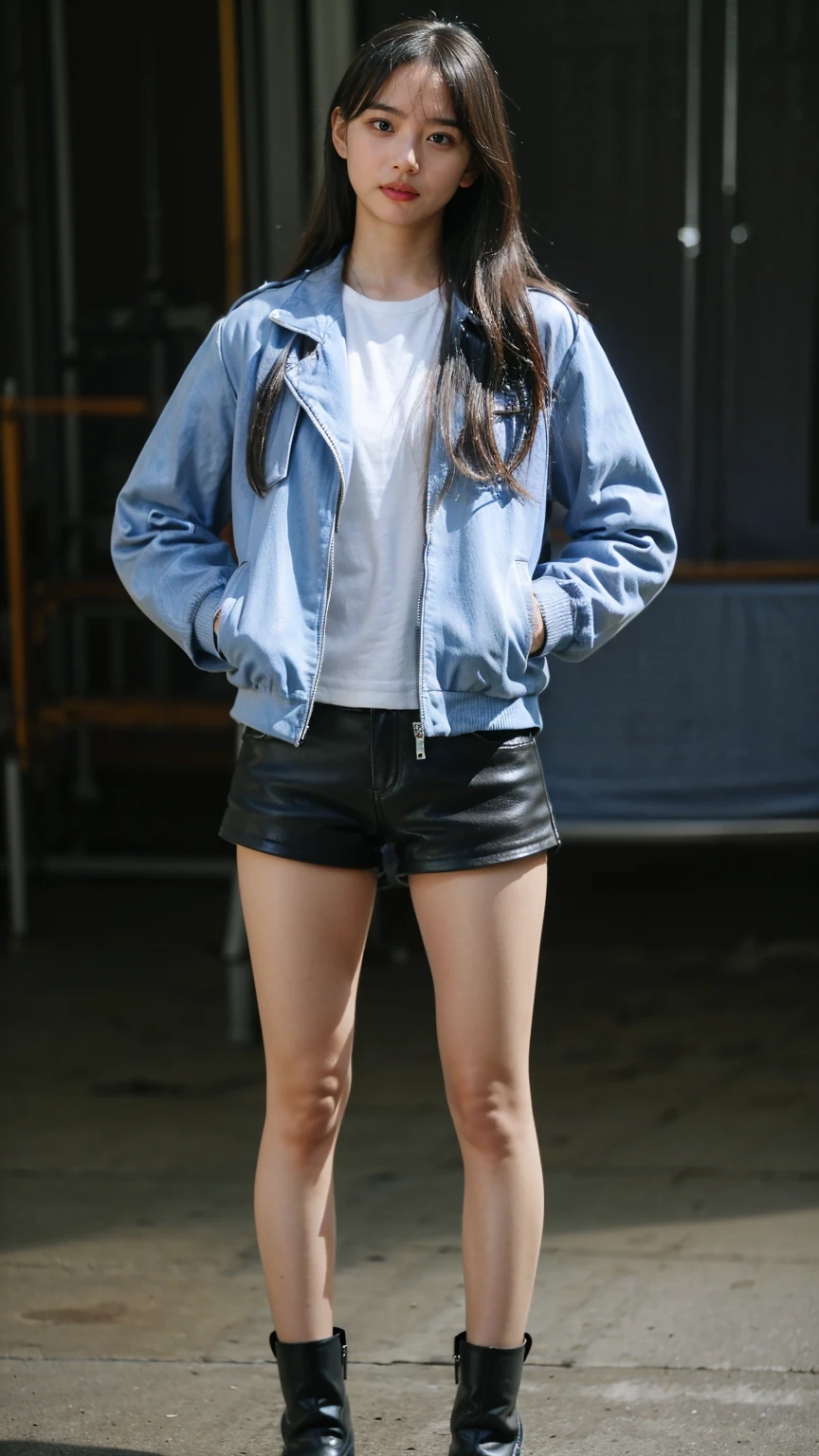 (8k、RAW Photos、Highest quality、masterpiece:1.2)、(Realistic、Realistic)、1 Girl、((Light blue and black leather jacket、Shorts、Dark Stage、Exposed Skin、Medium Hair、whole body、boots、View from the front、Looking at the camera、Stand with hands on hips))、cute