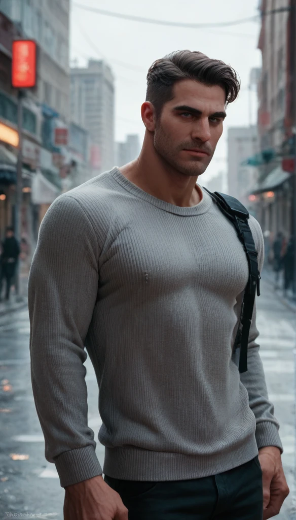 A handsome man, muscullar, comma hair style, grey sweater, militarry necklage, ransel on his right shoulder, city. 